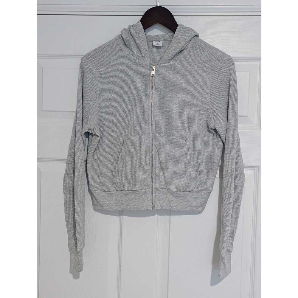 Aritzia Tna Thermal Zip Up Hoodie Grey Waffle Knit Cropped Sweater Womens Medium